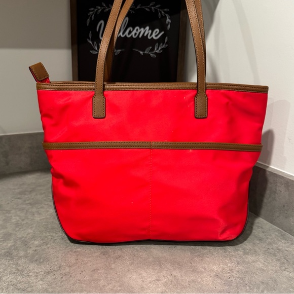 Michael Michael Kors Kempton Medium Nylon Tote With Leather Trim in Red/Khaki! - Picture 2 of 13